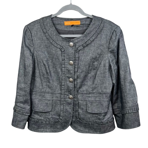 Cynthia Steffe Blazer Jacket Ruffled Trim 3/4 Sleeve 4 Button Gray Women‎ Sz 10 - Picture 1 of 6